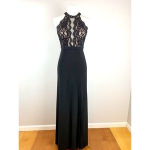 Morgan & Co Lace Nude Maxi Long Cocktail Dress Juniors 3/4 Black Halter Sexy